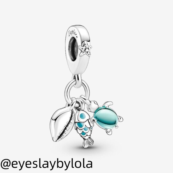 Pandora Fish, Sea Turtle & Conch Triple Dangle Charm - Picture 1 of 6